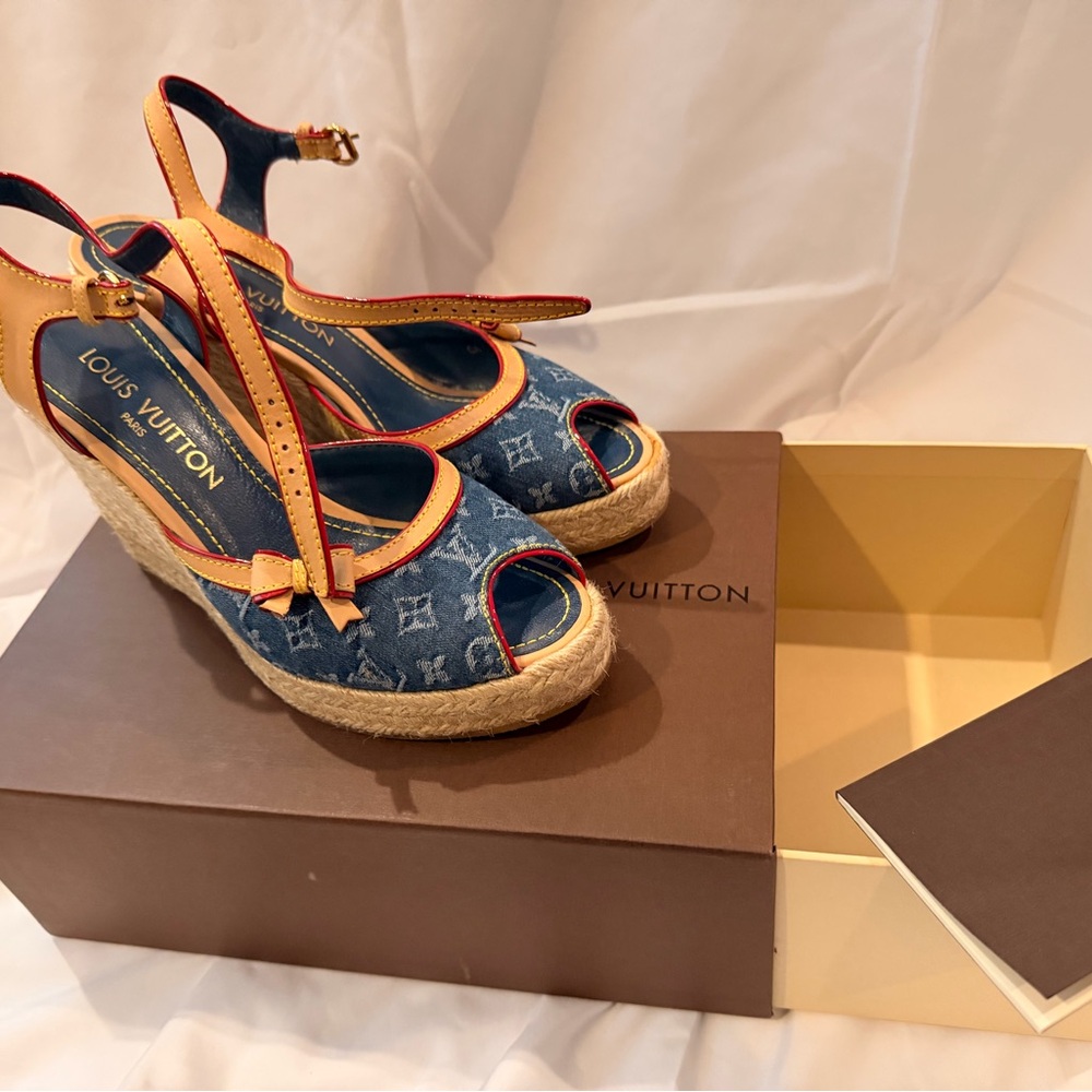 Louis Vuitton Denim and Tan Wedge Sandals - Picture 4 of 5
